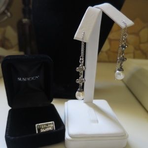 White Genuine Freshwater Honora Pearl Dangle Threader Earrings w Marcasite BNIB